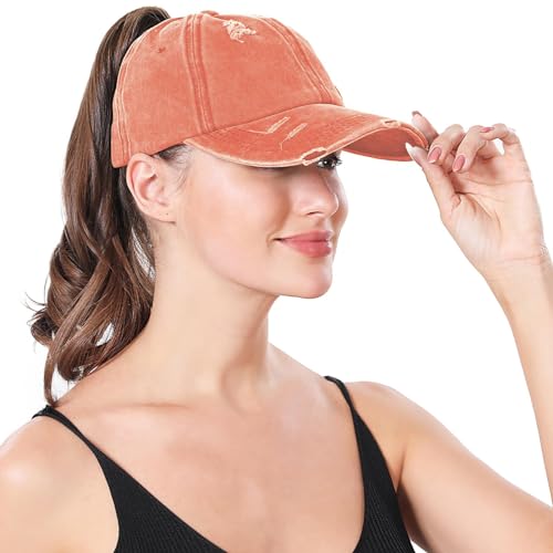 Criss Cross Ponytail Hat Women Washed Distressed Baseball Caps Adjustable High Messy Bun Ponycap - color: B - Denim Orange