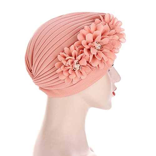 Flower Pre-Tied Turban Beanie, Soft Chemo Cap for Women Cancer Hair Loss - color: Light Pink