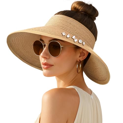 Women's Sun Visor Hats Wide Brim Straw Beach Hat Ponytail Hats for Women Foldable Floppy - color: 1pack-khaki Diy White