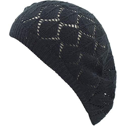 an Womens Lightweight Cut Out Knit Beanie Beret Cap Crochet Hat - Many Styles - color: Black Diamond Stripe