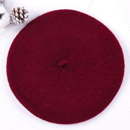 Women French Beret Hat Solid Artist Hat Wool Beret Winter Warm Beanie Cap - color: Dark Red