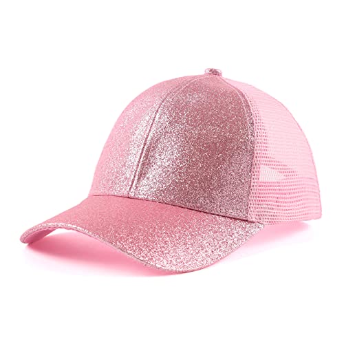 Zsedrut Girls Glitter Baseball Cap Kids Adjustable Ponytail Hat Toddler Summer Mesh Trucker Hats - color: Pink