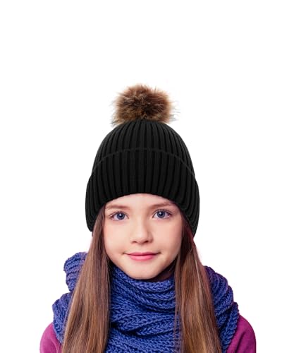 LiuSuper Kids Winter Hat, Girls Beanies 7-14, Satin Lined Beanie for Girls, Pom Pom Silk Lined Cuffed Beanie - color: Light Purple