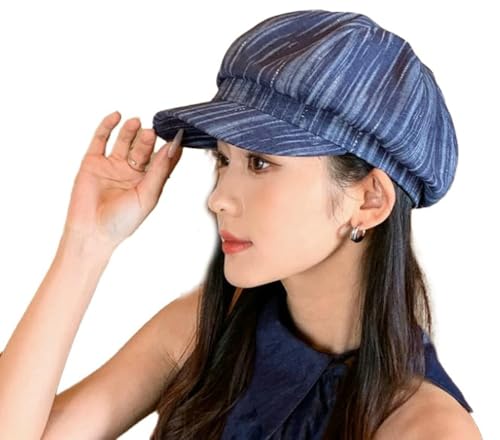 Womens Striped Octagonal Newsboy Cap Vintage Ivy Paperboy Cabbie Gatsby Painter Hats Fashion Beret Hat for Daily - color: Navy-blue