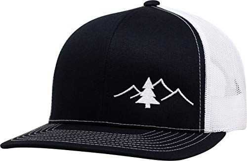 LINDO Trucker Hat [ Great Outdoors Design ] for Men and Women: Mid Profile Cap with Breathable Mesh Back and Adjustable Snap - color: Navy/White
