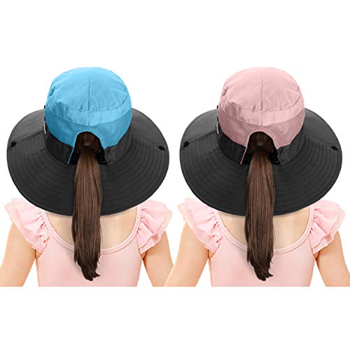 2 Pieces 5-14Y Kids Summer Sun Hat Wide Brim UV Protection for Girls Ponytail Beach Bucket Cap - color: Sky Blue＆pink