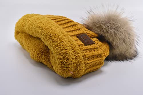 C.C Trendy Fuzzy Fleece Lined Warm Comfortable Soft Stretch Cable Knit Ribbed Faux Fur Pom Pom Beanie Hat - color: Mustard Yellow