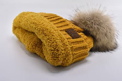 C.C Trendy Fuzzy Fleece Lined Warm Comfortable Soft Stretch Cable Knit Ribbed Faux Fur Pom Pom Beanie Hat - color: Mustard Yellow