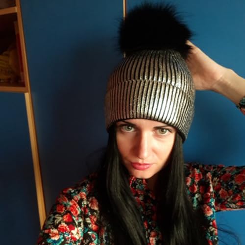 Metallic Winter Cable Knit Beanie Hat Cap Warm Soft Skull Caps with Furry Fur Pom Pom - color: Gold