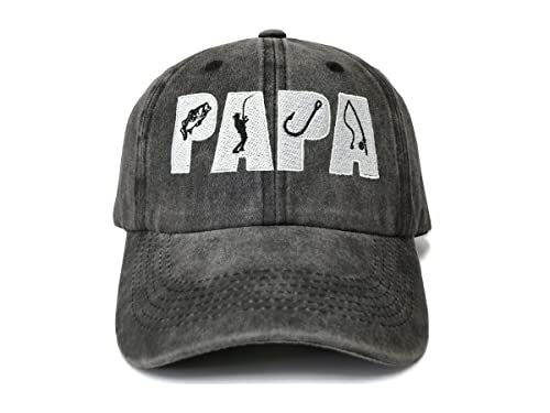Papa Fishing Hats, Fisherman Gift for Grandpa Grandfather - color: Papa (Fishing - Washed Black)
