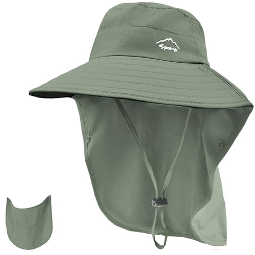 Rosoz Sun Hat for Men Women with Neck Flap& Removable Face Cover Wide Brim - color: 1pack-army Green