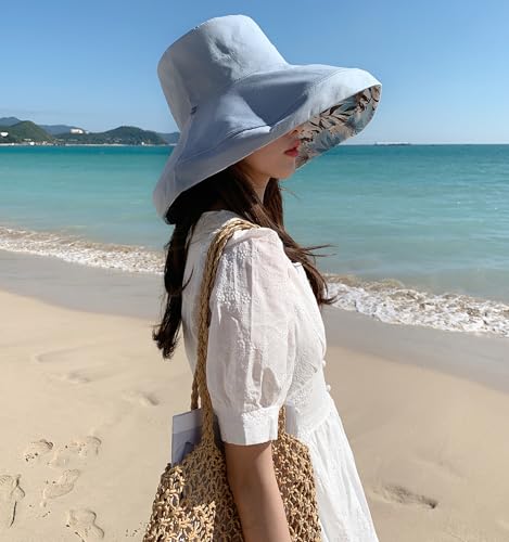 Women Bohemian Reversible Sun Hat Wide Brim Fishing Hats - color: Blue Boho Print
