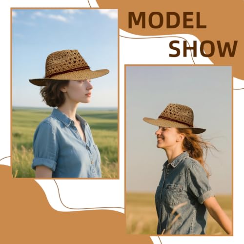 Women/Men Straw Cowboy Hat Wide Brim Sun Beach Cowgirl Hat Summer Western Cowboy for Travel Outdoor Family - color: Khaki