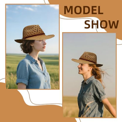 Women/Men Straw Cowboy Hat Wide Brim Sun Beach Cowgirl Hat Summer Western Cowboy for Travel Outdoor Family - color: Khaki