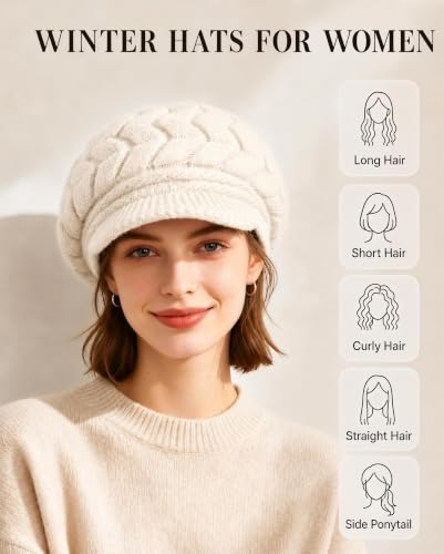 YSense 2 Pack Womens Winter Hats Warm Knit Beanie with Visor - color: Wine Red Beige