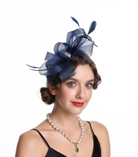 SAFERIN Elegant Women's Fascinator Hat with Veil and Feather Hair Clip Headpiece for Weddings Tea Party - color: St09-navy