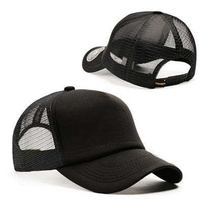 2-Pack Classic Foam Trucker Hat Summer Mesh Hat Lightweight Adjustable Back Buckle Strap - color: Black/Black