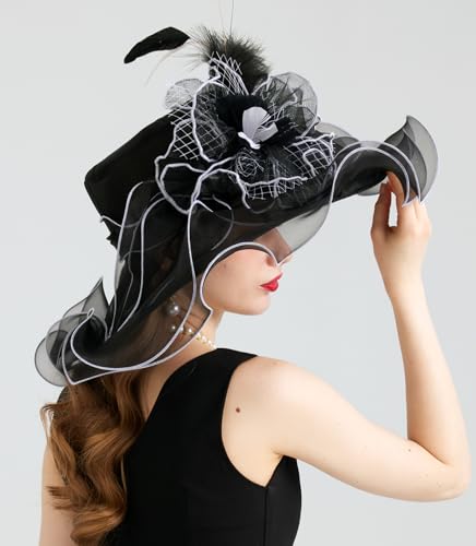 Women Organza Derby Hat Fascinator Tea Party Wedding Church Derby Hat Fascinator Hats Dual-use - color: 02c Black