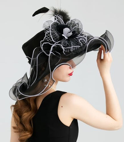 Women Organza Derby Hat Fascinator Tea Party Wedding Church Derby Hat Fascinator Hats Dual-use - color: 02c Black