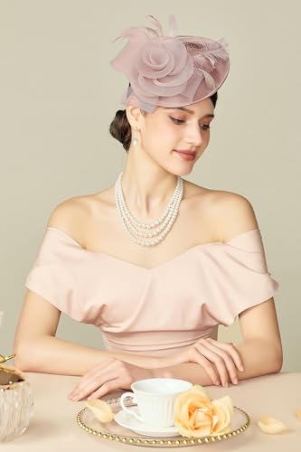 BABEYOND Fascinators Hats for Women Tea Party Mesh Flower Pillbox Derby Hat - color: Nude Pink