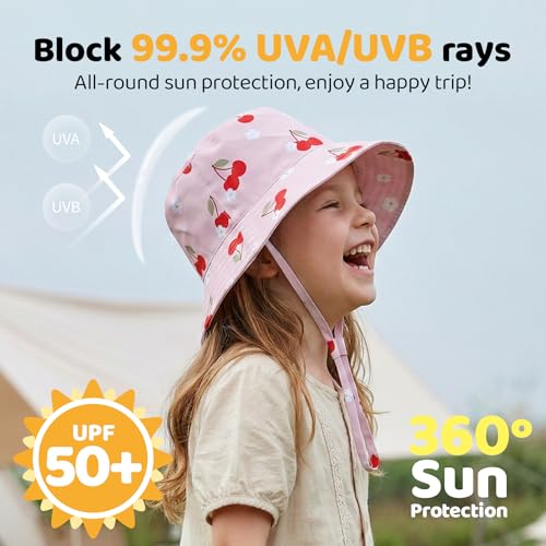 Toddler Bucket Hats UPF 50+ Baby Sun Hat Adjustable Kids Sun Protection Summer Hat Wide Brim Beach Hat for Boys Girls 0-6Y - color: White+flower+cherry, size: 2-6 Years