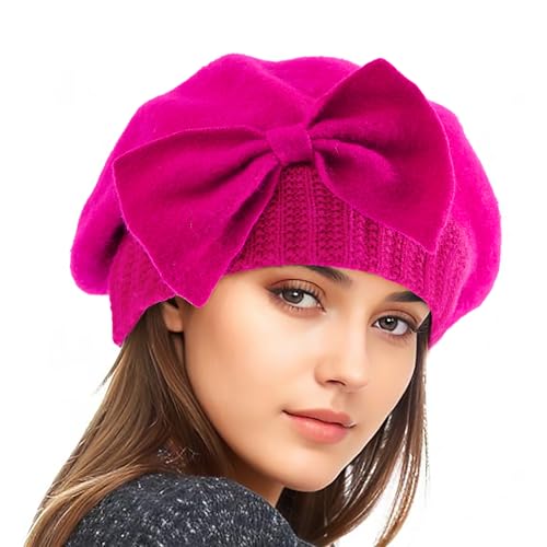 Century Star Lady French Beret Hats for Women Chic Wool Beret for Adults Fashionable Winter Warm Cap Beanie Hats - color: Rose Red