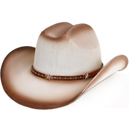 WQWOVRVO Cowboy Hat,Cowgirl hat,Brown Cowboy Hats for Women/Mens Straw Wide with Shapeable Brim Western Cowboy Hat for Womens - color: White & Brown Color
