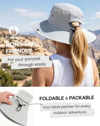 FURTALK Sun Hats for Women UV Protection Wide Brim Ponytail Hiking Hat - color: Grey