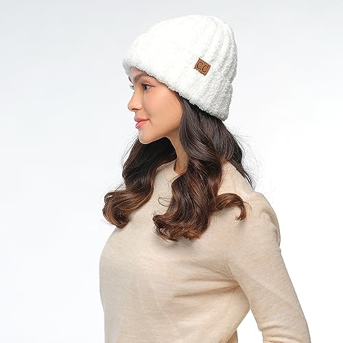 C.C Fuzzy Beanie for Women Unisex - Acrylic Stretchable Soft Warm Knit Winter Skully Hat - color: Acrylic-white