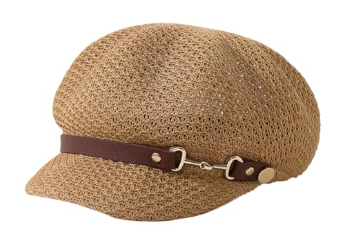 Molodo Womens Summer Breathable Newsboy Hat Lightweight Short Brim Cap with Decorative Strap for Casual Outdoor Style - color: Camel