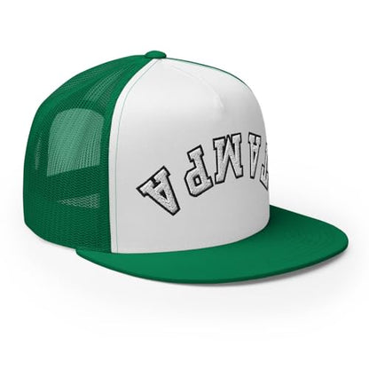 NX Upside Down Tampa Embroidered Flat Bill Trucker Hat High Crown Snapback Cap - color: Kelly/ White/ Kelly