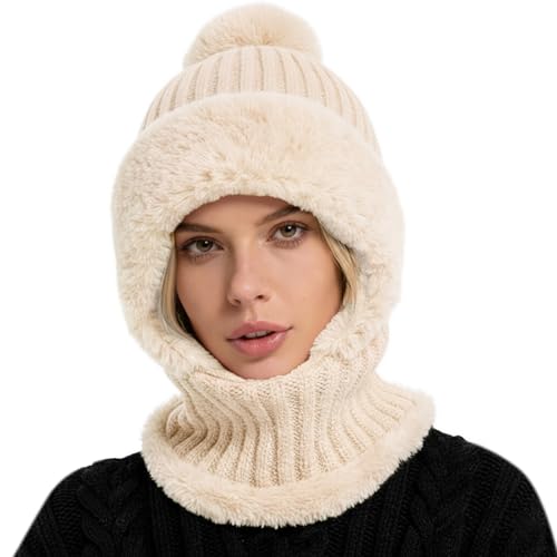 AQOKKA 3 in 1 Knit Fleece Lined Beanie Hat with Scarf and Mask Warm - color: Beige
