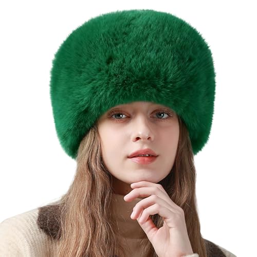 Peicees Winter Faux Fur Hat for Women Russian Style Ladies Ushanka Warm Fluffy Bucket Hat Fuzzy Furry Cap - color: Green