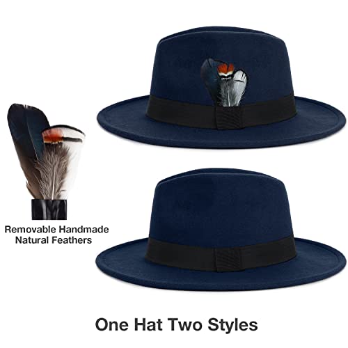 Classic Fedora Hats for Men & Women Wide Brim Felt Hat Panama Dress Fedora Hat - color: A-navy, size: Medium