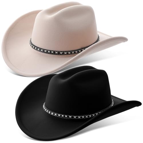 Chicingyou 2 Pcs Western Cowboy Hats for Women and Men Classic Wide Brim Felt Hats for Cowboys and Cowgirls Accessories - color: Black, Creamy White