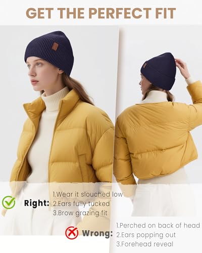 Fleece Lined Winter Beanie for Men Women Warm Windproof Beanies Hats Thick Knit Winter Hat for Cold Weather - color: Navy Blue