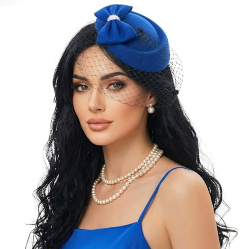 Fascinator Hat for Women Veil Fascinators Tea Party Wedding Retro Pillbox Hats for Cocktail Dresses Accessories - color: Blue