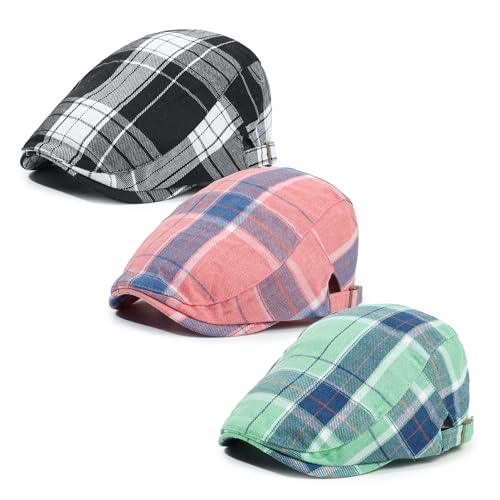 3Pcs Men's Newsboy Caps Cotton Cooling Hat Adjustable Flat Cap for Men - color: 5#-black+green+pink