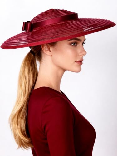 Vintage Fascinators Pillbox Hat for Women Straw Fedora Wide Brim Ladies Church Sinamay Derby Hats - color: Wine Red