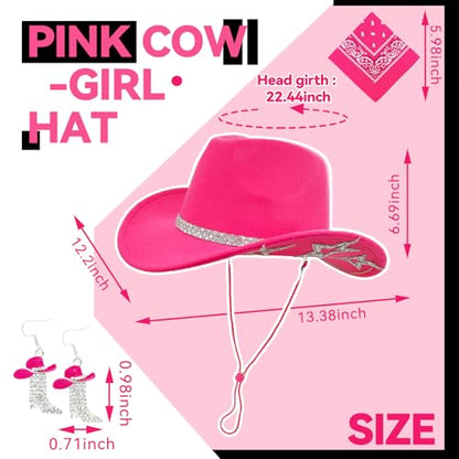 SHENYI Cowgirl Hat and Bandana and Heart Sunglasses Glitter Rhinestone Star Cowboy Hat Western Sparkly Hats for Women Men - color: Cowgirl Hot Pink
