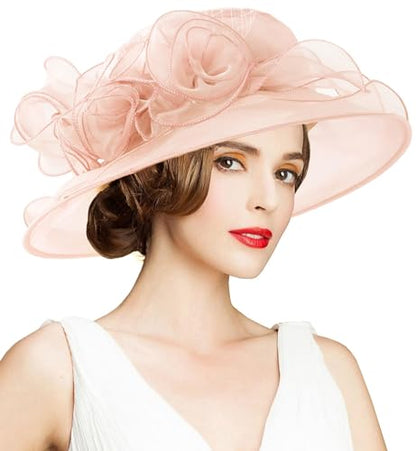Women's Kentucky Derby Church Dress Hat Wide Brim Leaf Flower Bridal Shower Hat - color: A2-light Pink