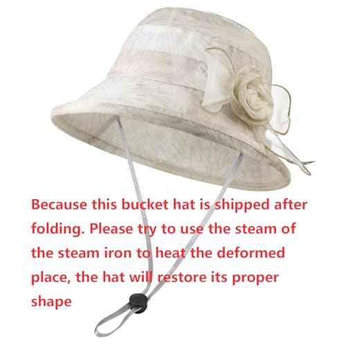 Women Flower Bowler Sun Hat Wide Brim Cloche Bucket Hat Foldable Breathable Wedding Church Tea Party Fascinator - color: Beige