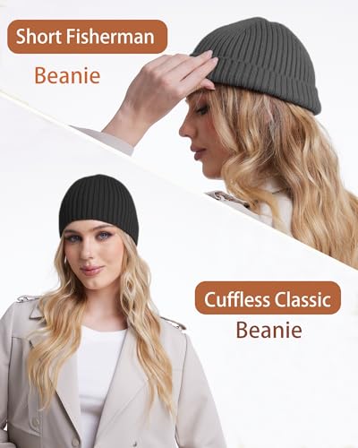 Wool Knit Beanie Hats for Men Women,Cuffless Winter Skull Caps - color: 1-dark Grey