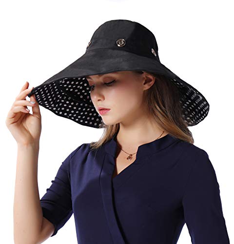 iHomey Packable Shapeable Extra Large Brim Floppy Sun Hat Reversible UPF 50+ Beach Sun Bucket Hat - color: Black-dot