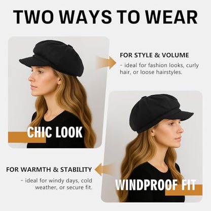 Comhats Women's Wool Winter Warm Newsboy Hats, Fashion Pageboy Beret Cap - color: 67145_black (Cottonfillinglining), size: Medium