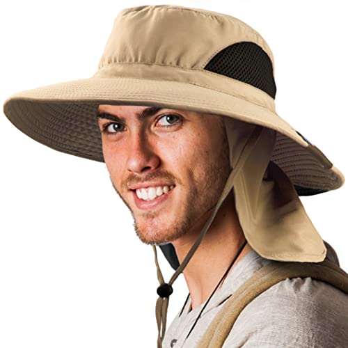 SUN CUBE Wide Brim Sun Hat for Men & Women, UPF 50+ UV Protection, Mesh Boonie Hat with Chin Strap, Fishing Hiking Hat - color: Tan With Flap