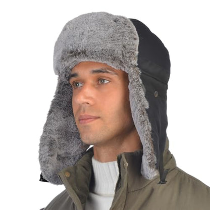 Trapper Hat Winter Warm Hats Russian Fur Hat Ushanka Eskimo Hat Ear Flap with Faux Fur for Men or Women - color: Black