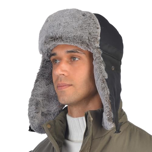 Trapper Hat Winter Warm Hats Russian Fur Hat Ushanka Eskimo Hat Ear Flap with Faux Fur for Men or Women - color: Black
