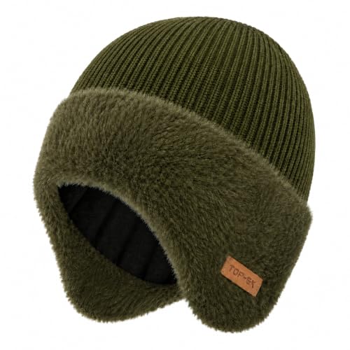 TOP-EX Waterproof Ear Flap Beanie, Big Head Fit, Polartec Fleece, Merino - color: Army Green, size: X-Large-XX-Large