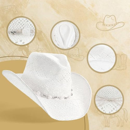 Straw Cowboy Hat for Men and Women Cowgirl Cowboys Cowgirls Woven Crease for Western Gift Gifts - color: Brown Write Four